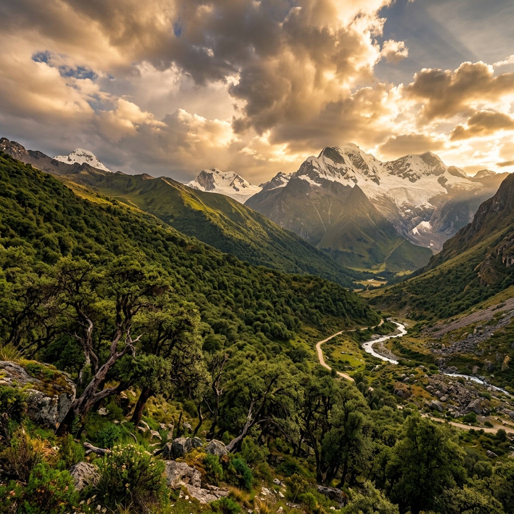 Paisaje de un bosque andino de queñual con montañas nevadas al fondo